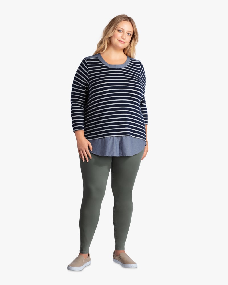 Plus size model with hourglass body shape wearing Davina Chambray & Stripes Top by Molly&Isadora | Dia&Co | dia_product_style_image_id:113124